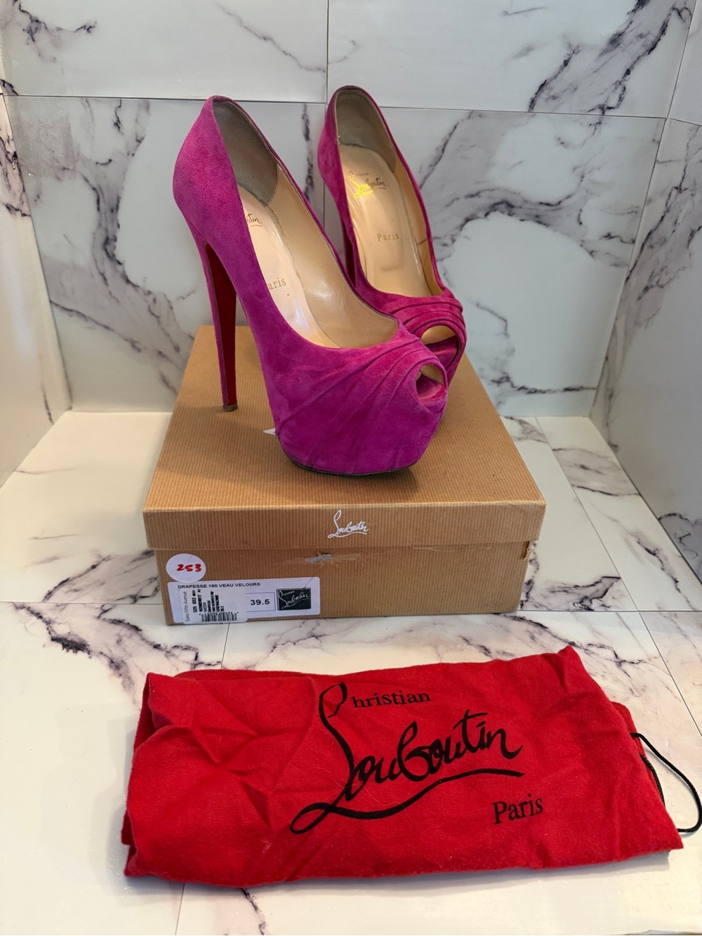 Christian Louboutin Fuchsia Suede Peep-Toe Platform Pumps
